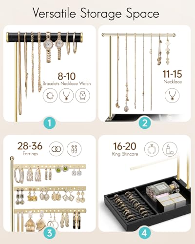 VLANDO Jewelry Stand Organizer with Ring Holder, Jewelry Holder Organizer with Tray, Necklace Holder Bracket Holder Earring Holder - Black - color: Black