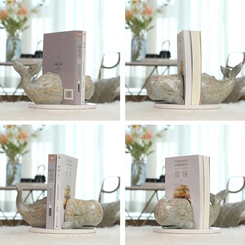 HAUCOZE Decorative Book Ends Ocean Decor Statue Whale Sculpture Table Centerpiece Gift for Home Office Bookshelf 9.4 Inch