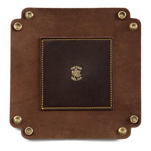 USA Handmade Premium Leather Valet Tray, Folds Flat! Dice Rolling Basket and Organizer with Brass Rivets (Brown Gold, Medium) - color: Brown Gold, size: 5" x 5" x 2"