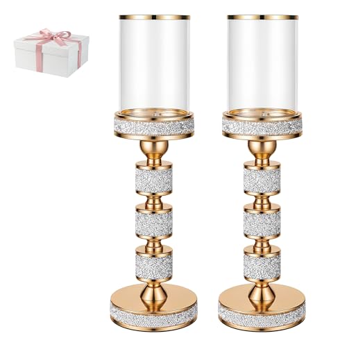 15.9" Tall Pillar Candle Holder with Wind Proof, Metal Hurricane Holders, Crystal Candle Holders for Table Centerpieces, Home Decor, Wedding, Dining Table (2, Gold, for Pillar Candles up to 3"x5") - color: Gold, size: Large