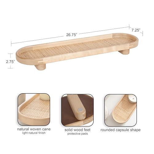 Kate and Laurel Planche Decorative Capsule Woven Tray with Solid Wood Frame; 27 x 8; Natural Brown; Modern Slim Wood Rectangle Serving Tray for Living Room - color: Natural