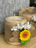 24 Pack Sunflower Wood Tealight Handmade Candle Holders - Wedding, Baby Shower, Baptism Favors & Centerpieces, Cylinder Candles Decorations - size: 24