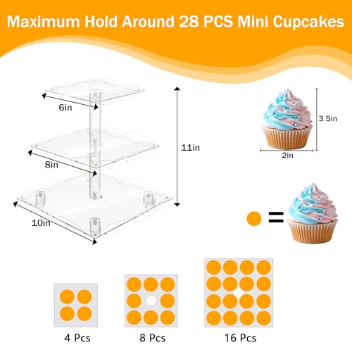 YestBuy 3 Tier Clear Square Cupcake Stand - Premium Cupcake Holder - Acrylic Cupcake Tower Display - Candy Bar Party Décor + LED Light String - Ideal for Weddings, Birthday Parties (Yellow Light) - color: Yellow, size: 3 tier