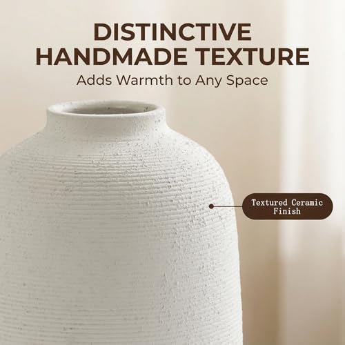 White Ceramic Flower Vase Home Decor - Large Tall Farmhouse Table Vases Rustic Living Room Kitchen Bedroom Decorations for House Book Shelf Office Coffee Desk，Hand-Made Textured Surface (10.8“ H) - color: White-10.8"tall, size: 10.8"-Cylinder