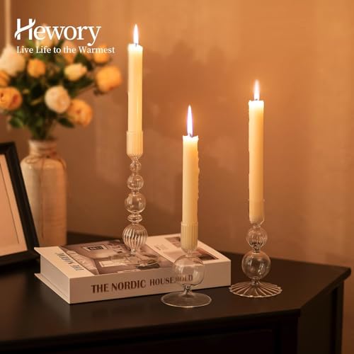 Hewory Glass Candlestick Holders Set: 3PCS Clear Candle Holder Taper Candle Holders Bulk, Crystal Ribbed Candle Sticks Holder Decor for Table Centerpiece Wedding Christmas Thanksgiving Dinner - color: Clear