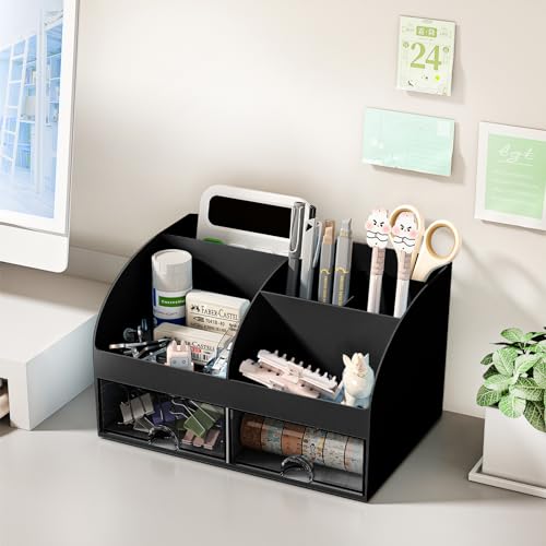 COMFYROOM Desk Organizer with 6 Compartments and 2 Drawers, Plastic Makeup Organizer, Pen Holder for Desktop Storage, Desk Organization for School, Home, Office Supplies Black-2Pack - color: Black-2Pack