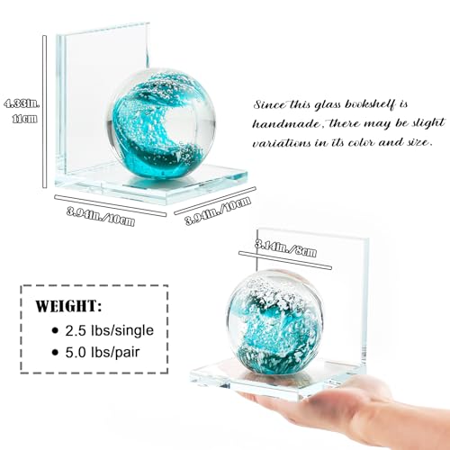 Arikyrist 1 Pair Crystal Bookends for Heavy Books with Hand Blown Ocean Waves Ball Glass Decorative Non Skid Bookends for Bookshelf Office Home (Dark Green) - color: Dark Green