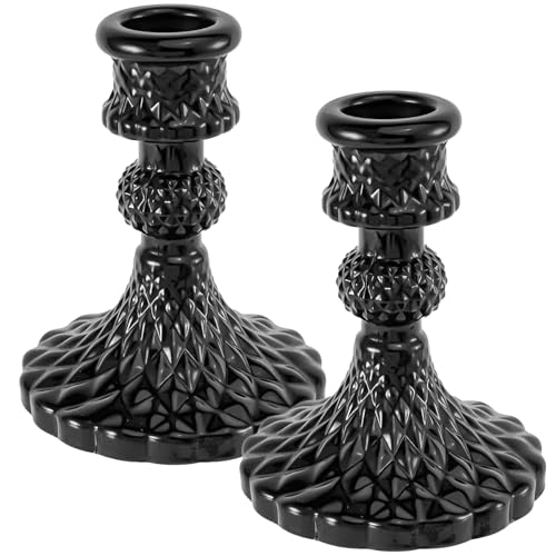 Glass Candlestick Holders Set of 2，Taper Candle Holders Fit 0.8 Inch Candles, Crystal Decorative Candle Stand Centerpiece for Table Wedding Dinning Party 4 Inch Tall (Black) - color: Black