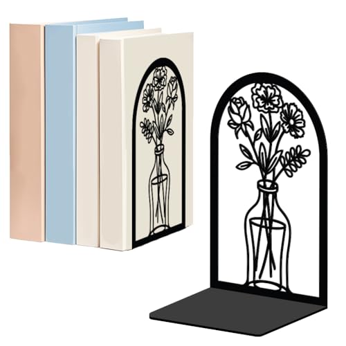WADORN Flowers Metal Bookends for Shelves Decorative 1 Pair, Flowers Heavy Duty Books End Support Non-Skid Book Holders Black L-Shaped Book Stopper for Home Office Desk Books Divider, 4.7x3.5x7 Inch - color: Florals Vase