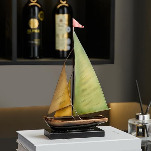 Vintage Sailboat Statue Decor for Living Room, Metal Boat Sculptures Decorations for Dining Room Office, Nautical Home Décor Accents for Shelf Bookshelf Coffee Table TV Stand (Yellow and Green) - color: Yellow and Green