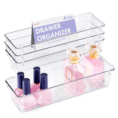 HOUSE DAY Desk Drawer Organizer Bins 4 PCS, 9*3*2" Clear Drawer Organizers with Silicone Pads, Vanity Organizers and Storage, Non Slip Plastic Drawer Organizer for Makeup, Bathroom, Kitchen, Office - size: 4 Pack -9x3x2''
