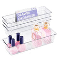 HOUSE DAY Desk Drawer Organizer Bins 4 PCS, 9*3*2" Clear Drawer Organizers with Silicone Pads, Vanity Organizers and Storage, Non Slip Plastic Drawer Organizer for Makeup, Bathroom, Kitchen, Office - size: 4 Pack -9x3x2''