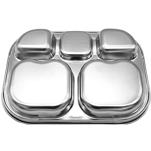 Korean Stainless Steel Divided Plates for Toddlers, Kids, Babies, Premium 304, Electro-Polished, No Black Residue, BPA-Free, 5-Compartment Food Tray, Camping, Picky Eaters, Set of 2 - size: 5 Compartments
