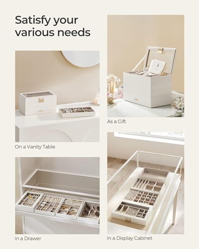 SONGMICS Stackable Jewelry Trays, 4-Tier Jewelry Box, Drawer Jewelry Organizer, with Glass Lid, Removable Dividers, for Vanity Table, 6.7 x 11 x 7.2 Inches, Gift Idea, Cloud White UJBC164W01 - color: Cloud White