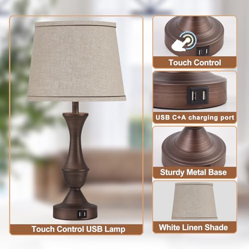 Luvkczc Touch Table Lamps Set of 2, 22" Tall Bedside Lamps with USB C+A Ports, Dimmable Table Lamp, Nightstand Lamps for Bedroom, Living Room, Office, Brown Lamps with Beige Lampshade, Bulbs Included - color: Brown, size: 22in