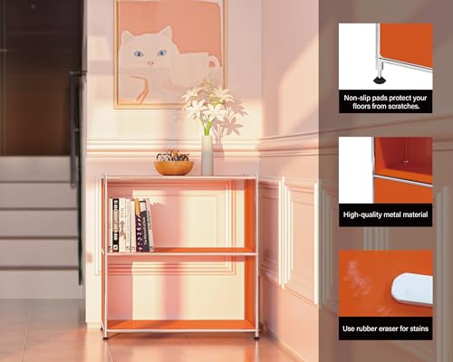 32-Inch 2-Tier Metal Bookcase, Open Shelf Storage Organizer for Living Room, Bedroom, Side Table or Nightstand Use, Modern DIY Assembly, Orange - color: Matt Orange