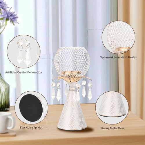 White Gold Metal Mesh Candle Holder with Crystal Pendants, 9.0" Decorative Pedestal Design, Diamond Globe Top, Matte Finish, Candlestick for Home and Holiday Decor & Valentine's Day - color: White