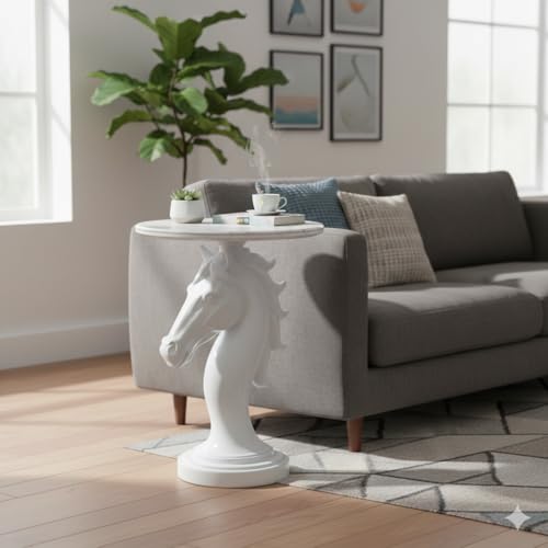 Modern End Table Living Room - Horse Statue White Faux Marble Night Stand, 23" Tall Contemporary‌ Side Table with Horse Head Base (17.73" Wide) for Reception Area & Bedroom - style: White Horse
