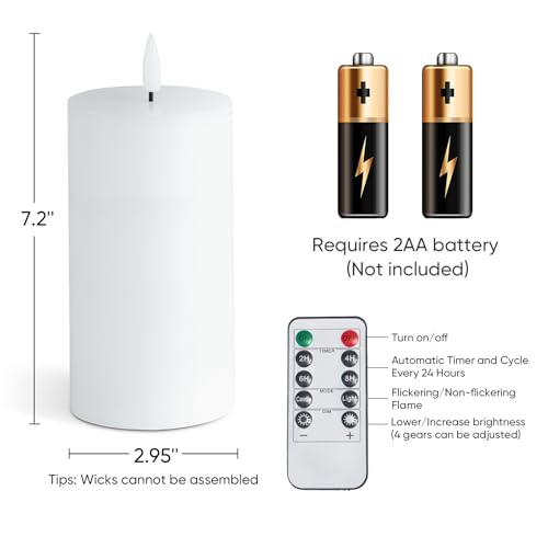 Homemory White 3x6 Inch Flameless Candles Battery Operated with Remote Timer, Real Wax LED Pillar Candle for Home Fireplace Bedroom Living Room Party, Set of 2 - color: D3"xH6"6"-White