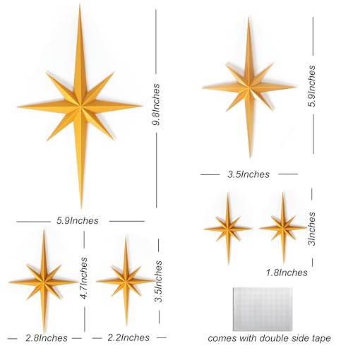 Stylor Mid Century Modern Decor, Gold Mcm Retro 3D Star Art Wall Sculpture, Plastic Starburst Decor, Vintage Celestial Whimsigoth Home Decor Accent. (Set of 6) - color: Gold