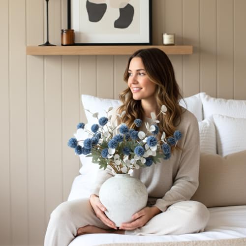 Handemade Large Round Vase for Centerpieces, White Rustic Vase Farmhouse Decor, Distressed Textured for Home Decorations, Earthy Room Decor Aesthetic, Stone Look Ceramic Clay Pottery, 9 inch - color: White