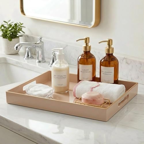 15.8" x 11.8" Blush Pink Plastic Serving Tray with Gold Trim and Handles, Decorative Rectangular Tray for Ottoman, Coffee Table, Kitchen Counter, Bathroom Vanity, Heavy-Duty & Easy to Clean - color: Blush Pink