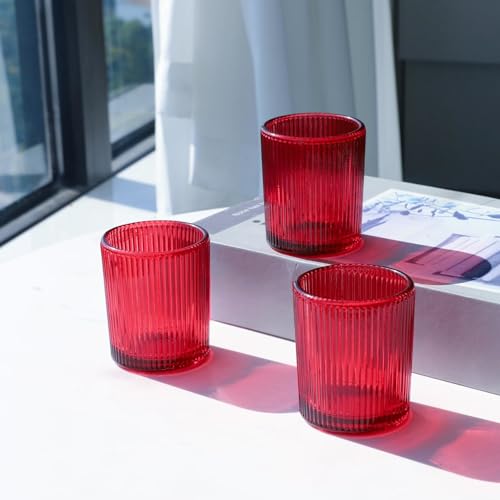 VOHO Red Candle Holders Set of 12, Ribbed Glass Votive Candle Holders Bulk for Holiday/Party Decorations, Tea Lights Candle Holder Wedding Centerpieces for Tables - color: Red