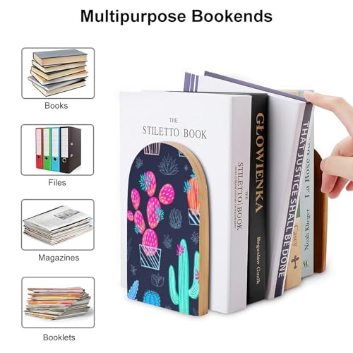 Wooden Bookends 2 Pcs,Abstract and Colorful Cactus Plants Heavy Duty Office Book Ends Anti Slip Book Shelf Holder with Metal Base Decorative Book Stands - color: Abstract and Colorful Cactus Plants