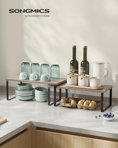 SONGMICS Cabinet Organizer Shelf, Set of 2 Kitchen Counter Shelves, Kitchen Storage, Spice Rack, Stackable, Expandable, Metal and Engineered Wood, Ink Black and Heather Greige UKCS200X02 - color: Ink Black + Heather Greige, size: 15.6"W