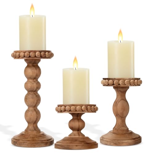 Mumufy 3 Pcs Candle Holders for Pillar Candles Rustic Farmhouse Home Decor Decorative Washed Beaded White Black Wood Candle Holder Country Style for Table Mantel Fireplace Wedding(Pine Brown,Small) - color: Pine Brown, size: Small
