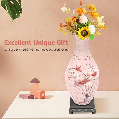 3D Puzzles Vase for Adults, Birthday Gifts for Women, 160 Pieces Plastic DIY Unique Flower Vase with LED Light, Crafts for Adults House Warming Gift for Flower Arrangements and Home Decor (Pink) - color: Pink