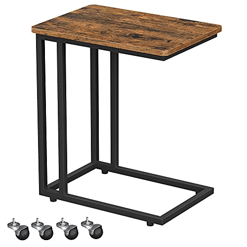 VASAGLE End Table, C Shaped TV Tray with Metal Frame Rolling Casters, Industrial Side Table for Living Room Bedroom, 19.7 x 13.8 x 23.6 Inches, Rustic Brown and Black - color: Rustic Brown + Black