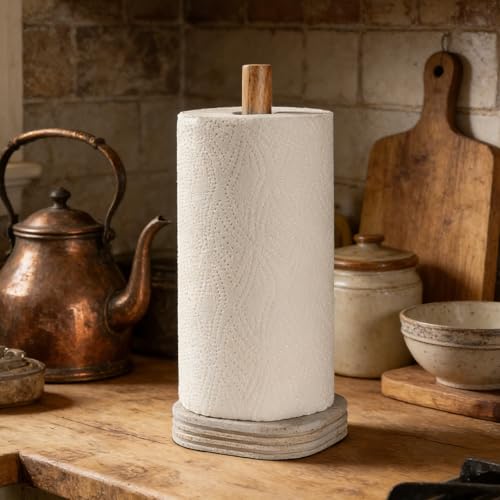 Natural Travertine Textures Standing Paper Towel Holder for Kitchen Countertop, Bathroom Toliet Paper Roll Holder with Weighted Base and Sturdy Wood Stand,for Standard or Plus Rolls, Height-Adjustable - color: Yellow Stone