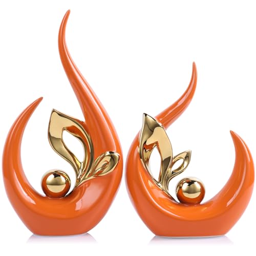 9.4" H Orange Gold Abstract Sculptures Home Decor, Ceramic Art Statue Cool Stuff to Put on Shelves&tv Stand Decor, Gold Accent Entertainment Center, for Fireplace Coffee Table Dining Table Decorate - color: Orange Gold, size: 9.4in/H