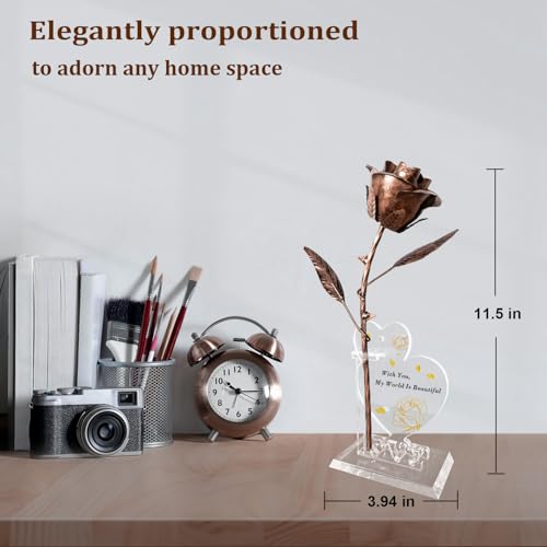 Copper Rose with Heart Stands - Copper for Her (7th Year) - Handmade Metal Art for Wife - color: Copper