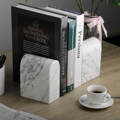 Koville Natural Italian Marble Bookends for Shelves, Book Ends for Heavy Books, 13LBS Ultra Heavy Duty Book Holders, Triumphal Arch Bookends Office Bookshelf Decor for CDs/Video Games(Bianco Carrara) - color: White Marble-bianco Carrara, size: 13lb