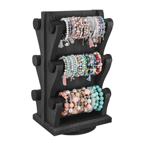 Ikee Design Two-Sided Rotating Wooden Jewelry Bracelet Display Stand Holder 6 Removable Holders, 3 Tier Bar Bangle Organizer-Perfect for Bracelets and Jewelry Display for Vendors, Black Color - color: 3) Black, 6 Bars
