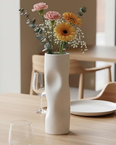 11 Inch Ceramic Flower Vase, OOSTONEE Tall Ceramic Vase, Unique Boho Modern Geometric Decorative Style, Must-Have for Shelf, Home, Living Room, Bookshelf Decor, Coffee Table Centerpiece