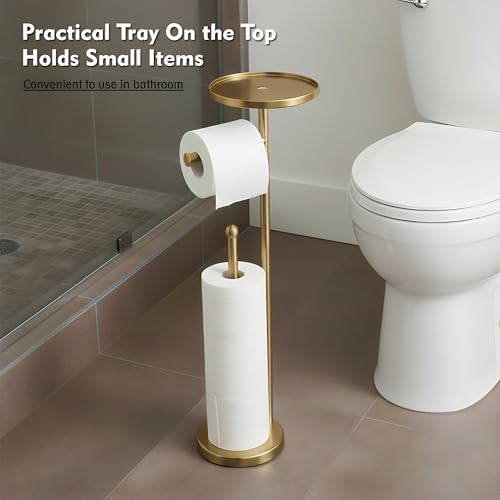 Gold Toilet Paper Holder with Shelf, Tissue Roll Holder Stand with Storage for Holding Extra 4 Toilet Paper Rolls, Stainless Steel Rustproof Freestanding (Brushed Gold) - color: Gold