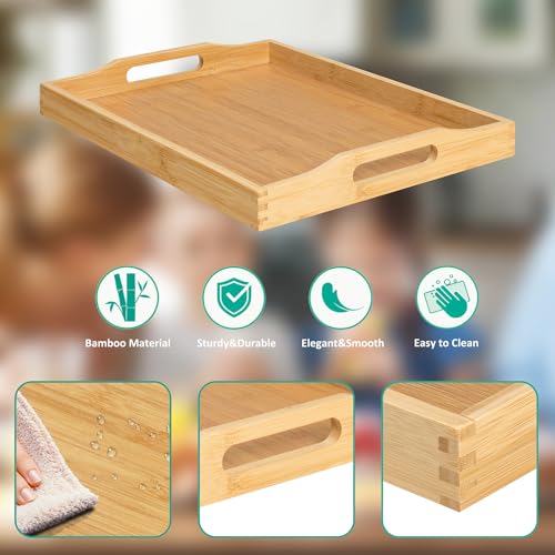 Bamboo Food Serving Tray with Handles, Breakfast Bed Tray for Tea,Snack,Dinner, Home Decorative Storage Food, Platter, Ottoman for Kitchen Counter, Bathroom, Restaurant (Beige) - color: Beige