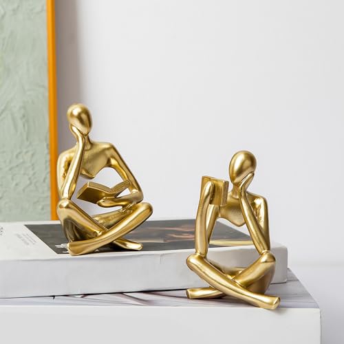 Prettidecor Thinker Statue Set of 2, Abstract Art Reading Sculpture Figurine, Modern Aesthetic Home Decoration for Living Room Bedroom Office Shelves Coffee Table Desk Bookshelf Decor (Gold) - color: Gold