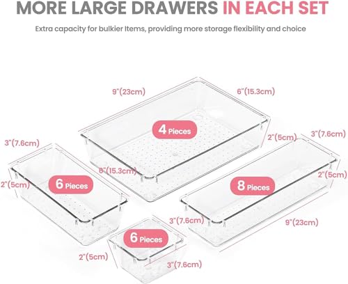 HOUSE DAY Makeup Drawer Organizer Trays 24 PCS, 4-Size Clear Drawer Organizers with Silicone Pads, Vanity Organizers and Storage, Non Slip Plastic Drawer Organizer for Desk, Bathroom, Kitchen, Office - size: 24 Pcs