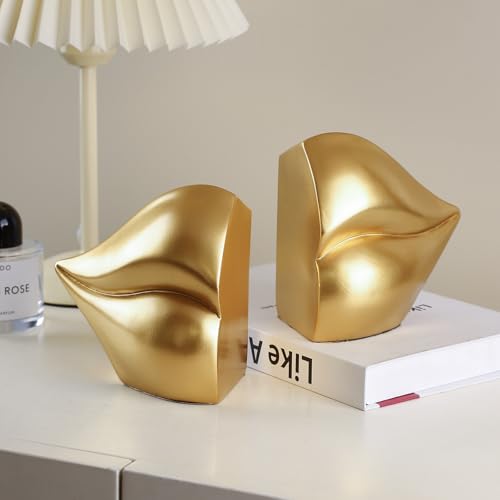 Gold Lips Decorated Bookends，Set of 2 Heavy Decorative Book Stoppers，Unique Resin Decoration，Creative Desktop Gold Decor for Study Room Hotel Office Shelves - color: Gold Lips