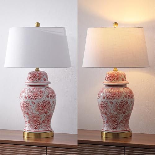 JONATHAN Y 29.5" Red/White Ceramic Table Lamp for Living Room and Office, White Linen Drum Shade, Traditional Chinoiserie Ginger Jar Lamp, LED Bulb Included (JYL3008C) - color: Red/White