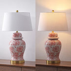 JONATHAN Y 29.5" Red/White Ceramic Table Lamp for Living Room and Office, White Linen Drum Shade, Traditional Chinoiserie Ginger Jar Lamp, LED Bulb Included (JYL3008C) - color: Red/White