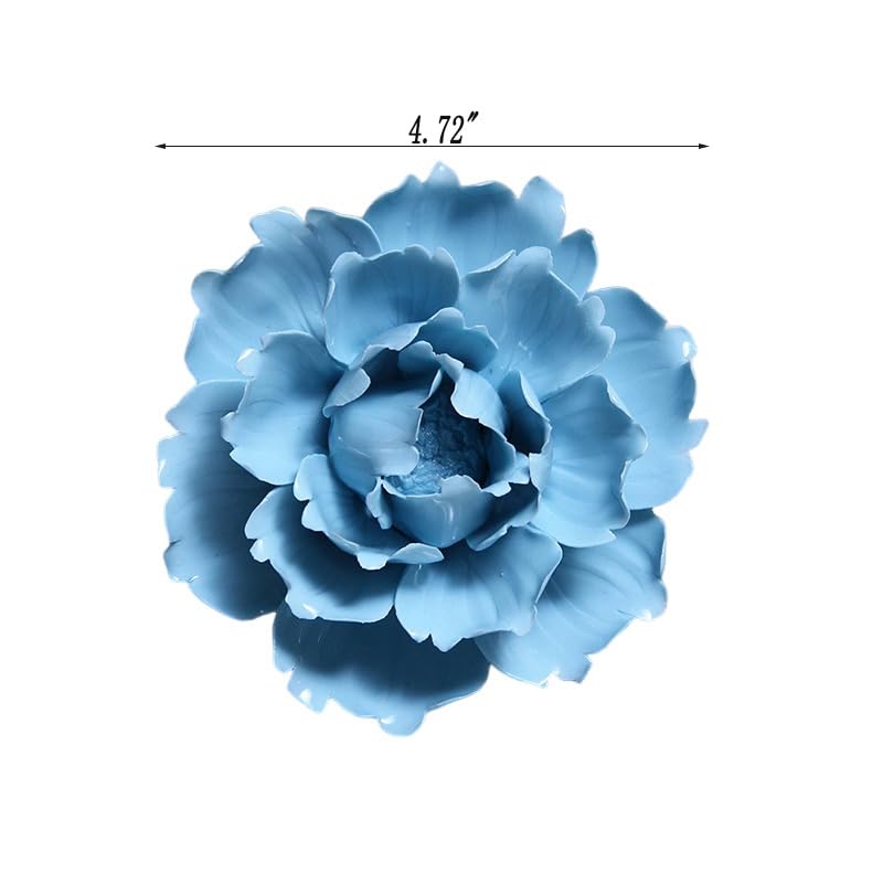 Handmade Ceramic Wall Flower Porcelain Decorative Flowers 3D Wall Hanging Decor for Living Room Bedroom,Blue Peony 4.72''(Large) - color: Blue, size: Large