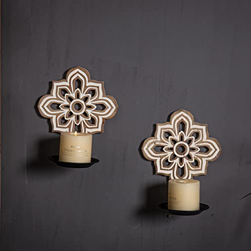 Openwork Carving Candle Sconces Set of 2 - Farmhouse Rustic Wall Decor, Wooden Sunflower Candle Holder, Decorative Hanging Art for Living Room, Bedroom, Porch, Entrance