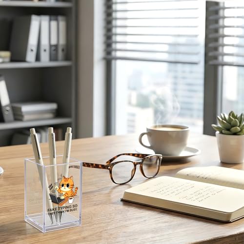 Tap Tap Fake Typing So They Think I'M Busy Acrylic Organizer Pencil Pen Holder, Cute Cat Office Desk Accessories Holder for Women HR Coworker Friend, Sarcastic Gifts for Coworker Accountant - style: Tap Tap