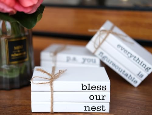 Mini White Decorative Books for Tiered Tray Decor, Faux Books for Coffee Table Decoration, Farmhouse Wood Book Stack Shelf Decor - Bless Our Nest Sign - color: Bless Our Nest