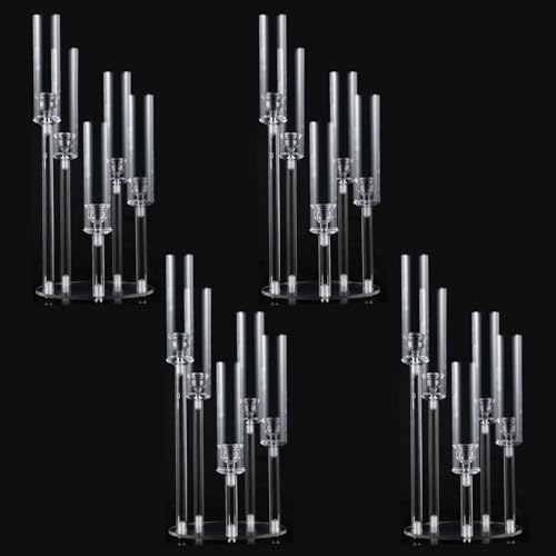 4PCS 5 Arm Acrylic Candelabra for Table Wedding Centerpiece,Crystal Clear Candle Stick Holders Candelabra Centerpiece Stands with Removable Lampshade for Party Easter Baby Shower Fit 0.8 LED Candle - size: 22.6"Tall
